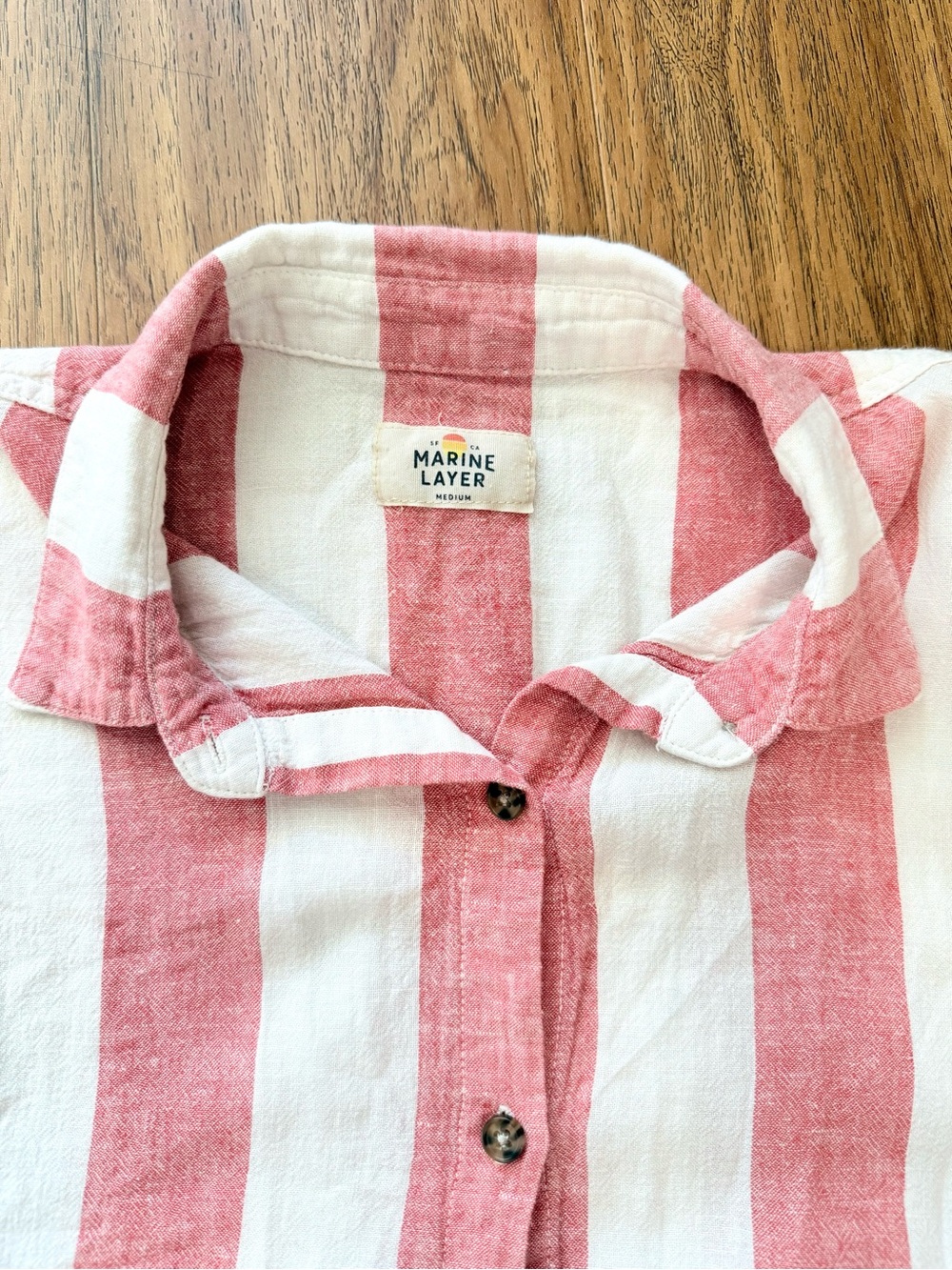 Marine Layer Red White Stripe Linen Blend Button Down Top Size M - Picture 6 of 7